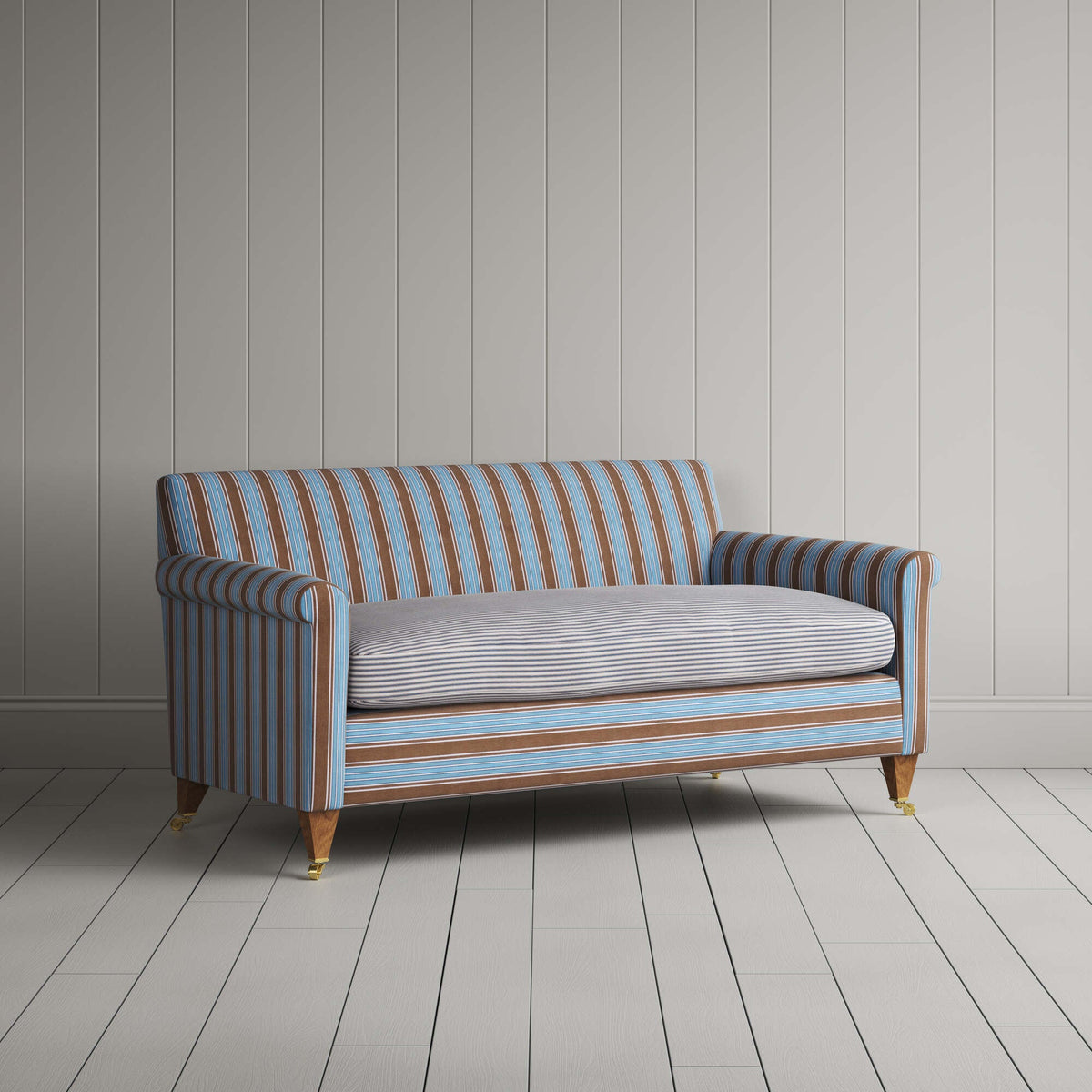 Idler 2 Seater Sofa in Regatta Blue Frame and Ticking Blue Brown Seat