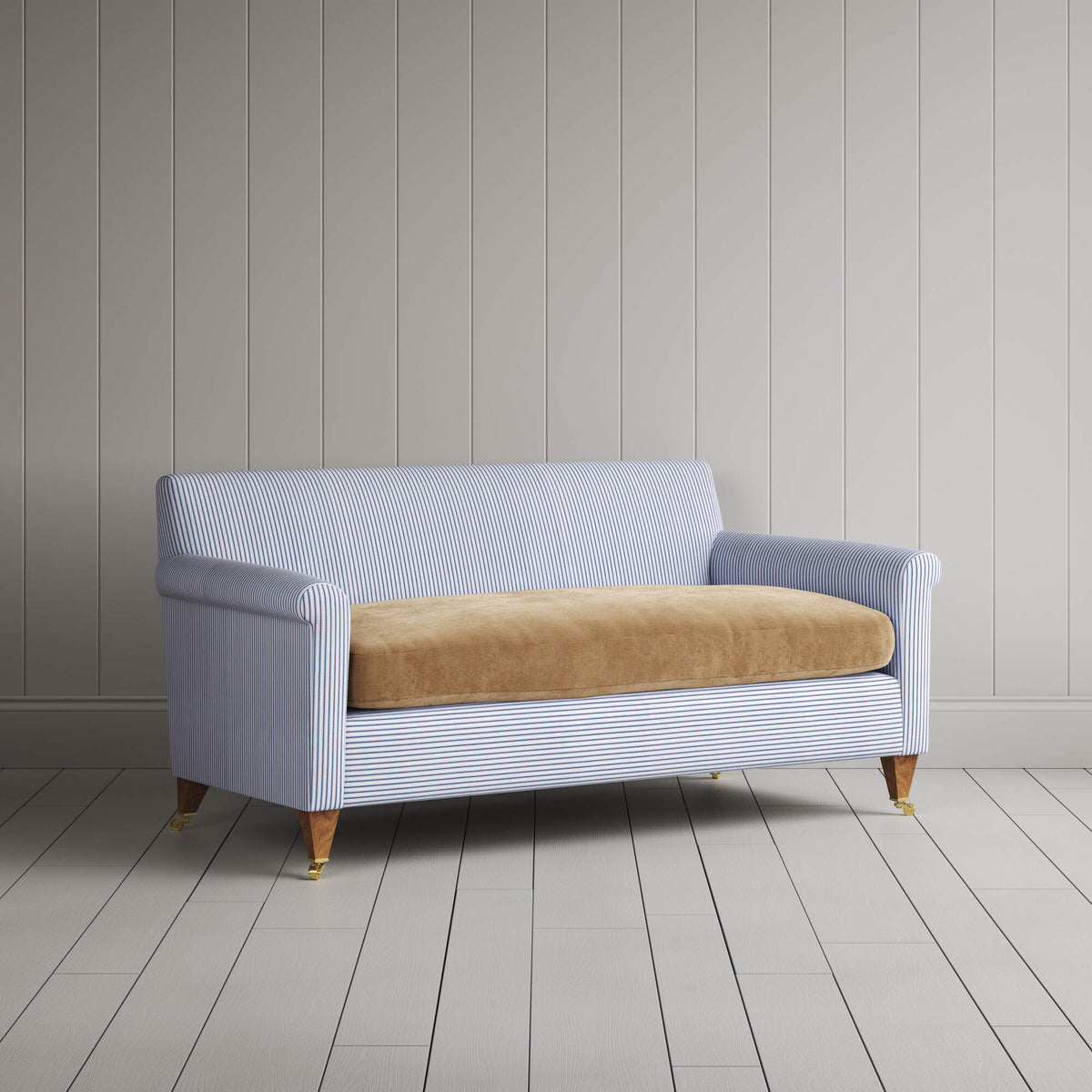Idler 2 Seater Sofa in Ticking Aqua Brown Frame and Classic Corduroy Stone Beige Seat