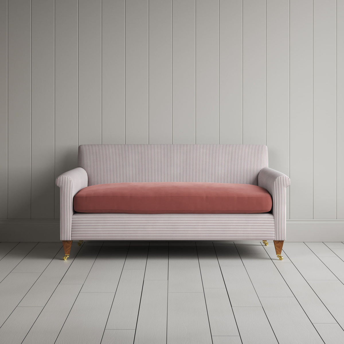 Idler 2 Seater Sofa in Ticking Berry Frame and Intelligent Velvet Damson Seat