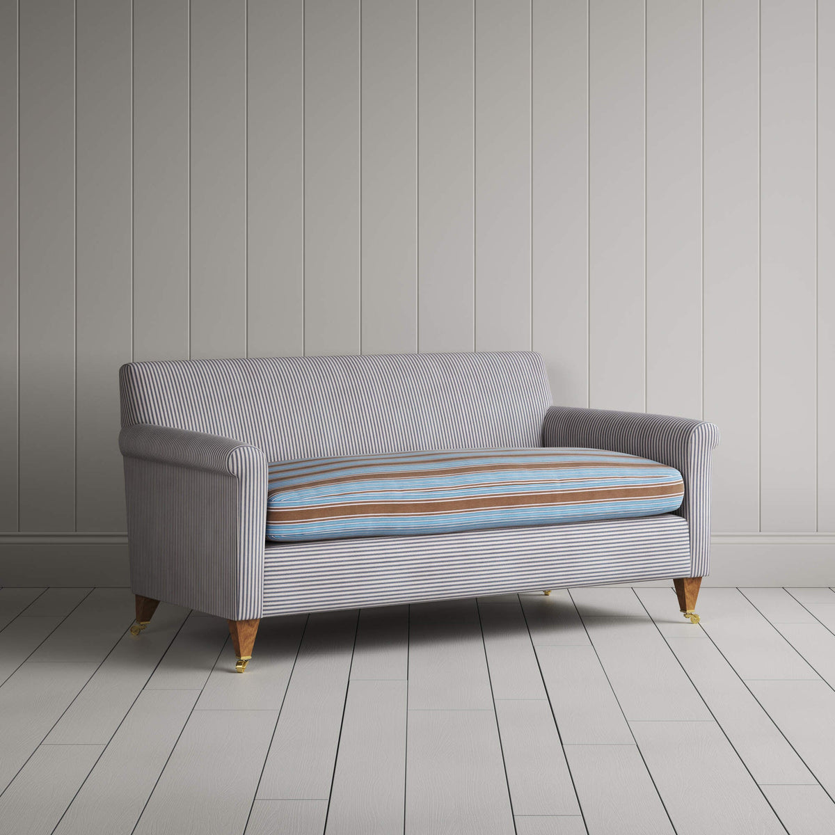Idler 2 Seater Sofa in Ticking Blue Brown Frame and Regatta Blue Seat