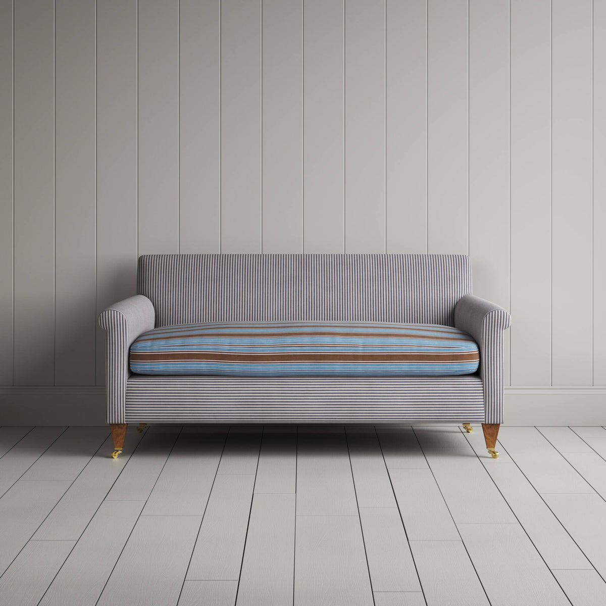 Idler 2 Seater Sofa in Ticking Blue Brown Frame and Regatta Blue Seat