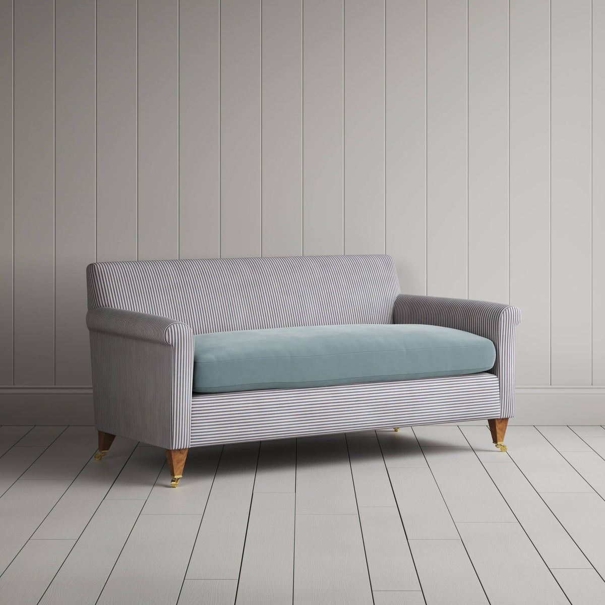 Idler 2 Seater Sofa in Ticking Blue Brown Frame and Intelligent Velvet Mineral Seat