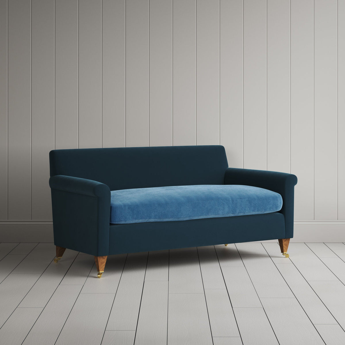 Idler 2 Seater Sofa in Intelligent Velvet Aegean Frame and Classic Corduroy Harbour Blue Seat