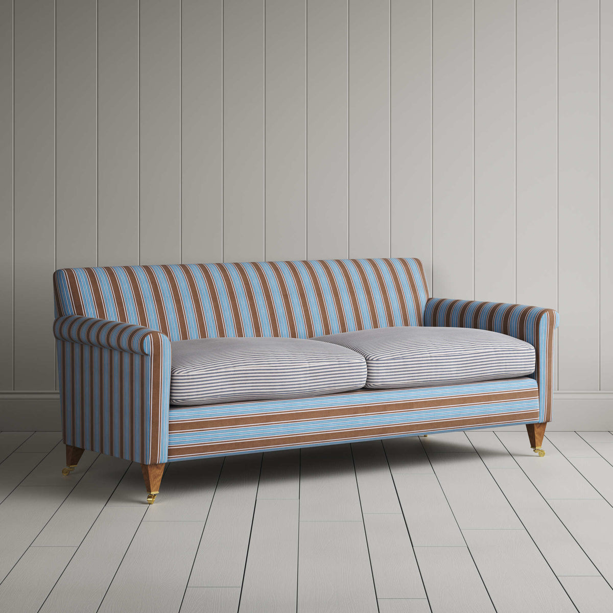 Idler 3 Seater Sofa in Regatta Blue Frame and Ticking Blue Brown Seat