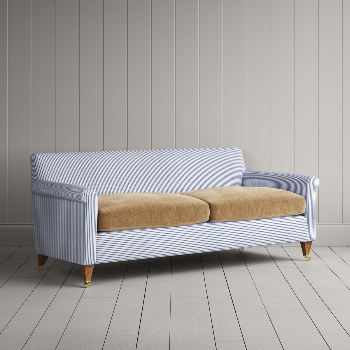 Idler 3 Seater Sofa in Ticking Aqua Brown Frame and Classic Corduroy Stone Beige Seat