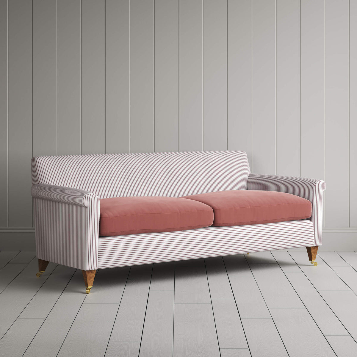 Idler 3 Seater Sofa in Ticking Berry Frame and Intelligent Velvet Damson Seat