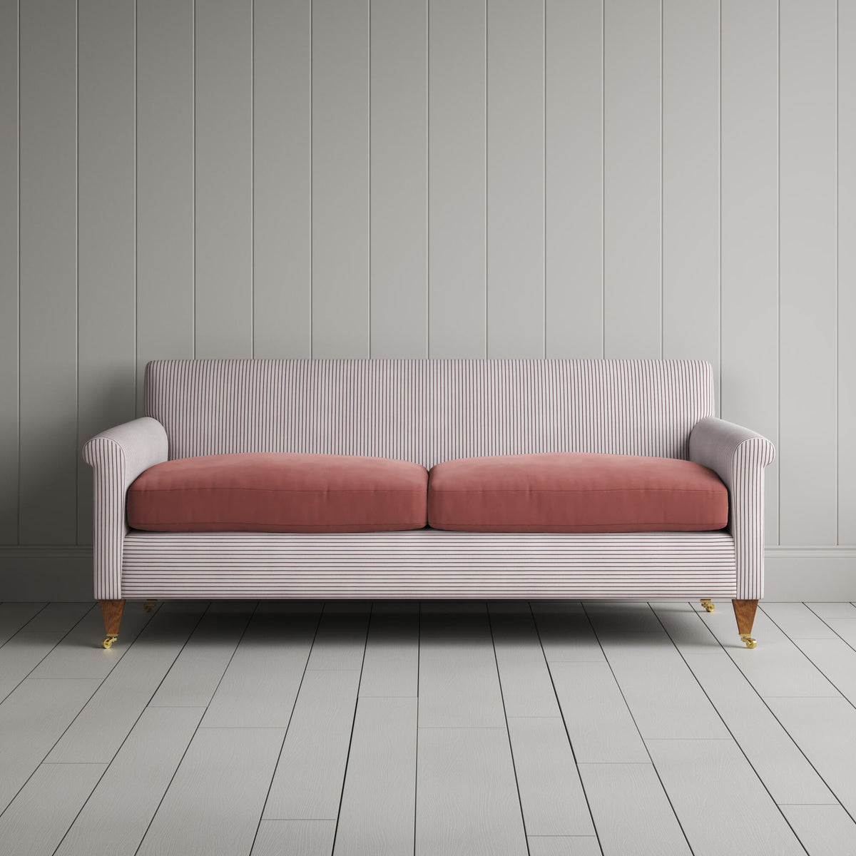 Idler 3 Seater Sofa in Ticking Berry Frame and Intelligent Velvet Damson Seat