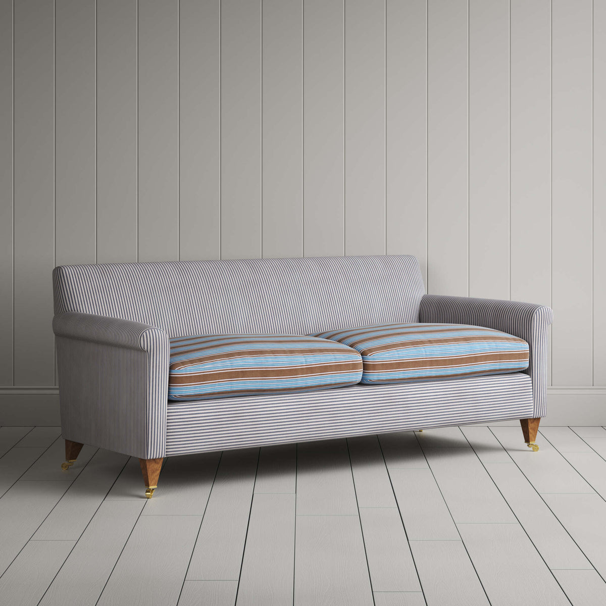 Idler 3 Seater Sofa in Ticking Blue Brown Frame and Regatta Blue Seat
