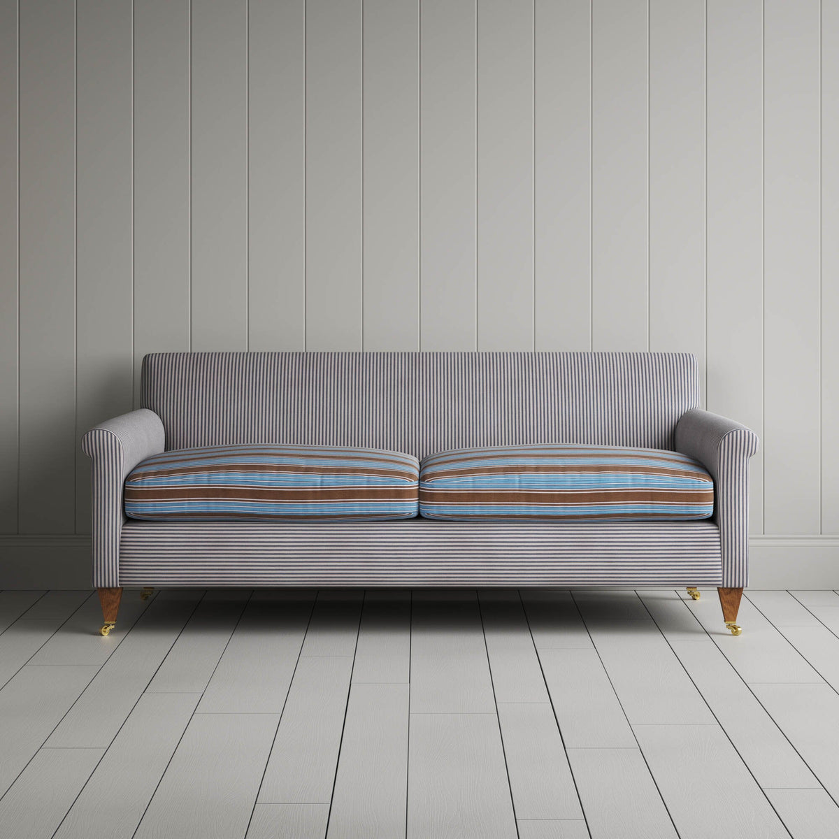 Idler 3 Seater Sofa in Ticking Blue Brown Frame and Regatta Blue Seat