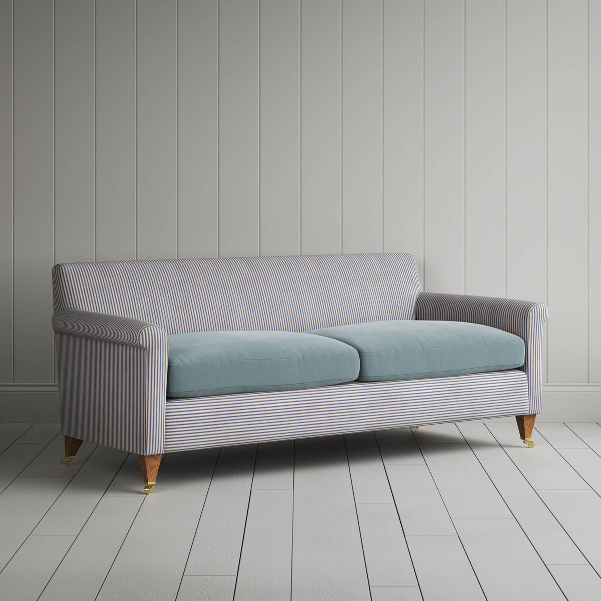 Idler 3 Seater Sofa in Ticking Blue Brown Frame and Intelligent Velvet Mineral Seat