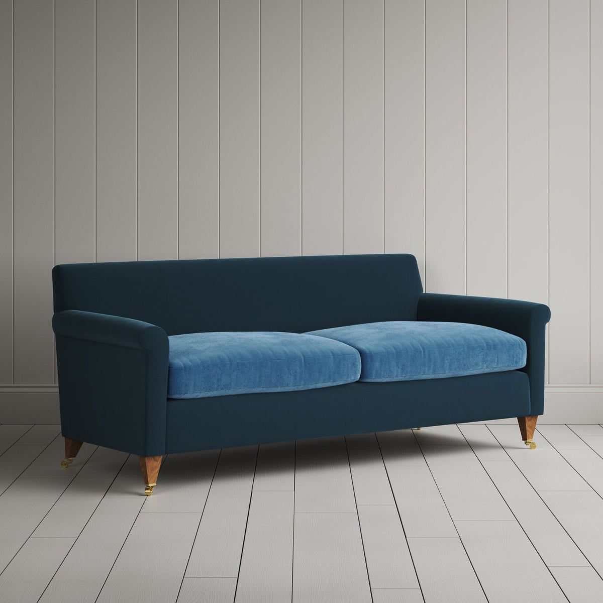 Idler 3 Seater Sofa in Intelligent Velvet Aegean Frame and Classic Corduroy Harbour Blue Seat