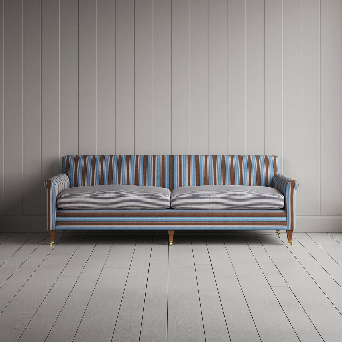 Idler 4 Seater Sofa in Regatta Blue Frame and Ticking Blue Brown Seat