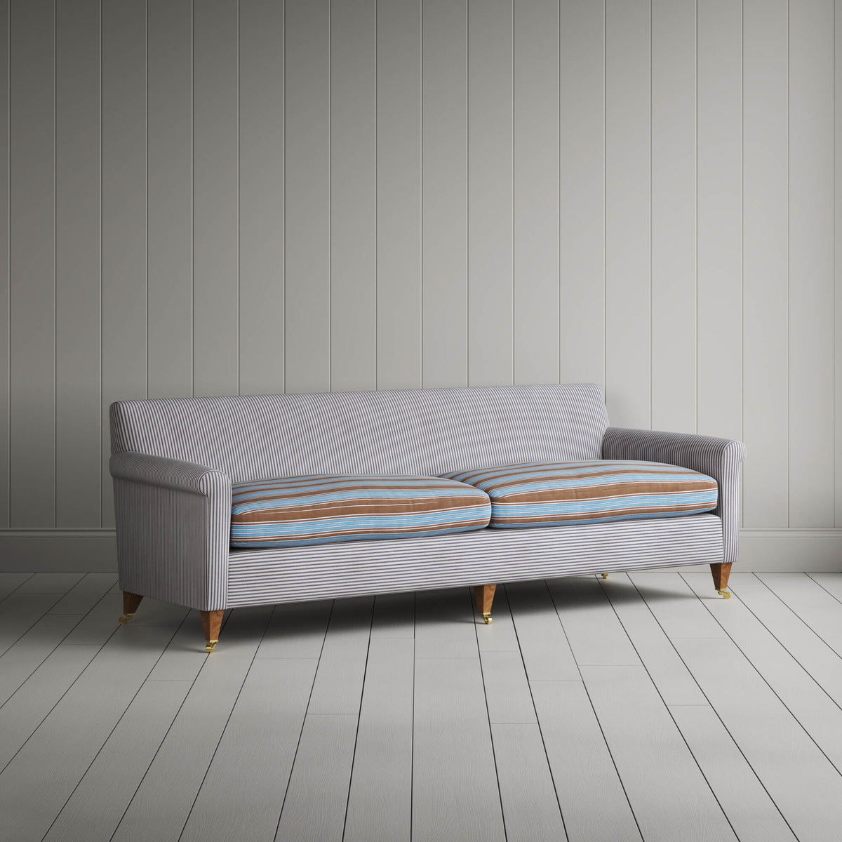 Idler 4 Seater Sofa in Ticking Blue Brown Frame and Regatta Blue Seat