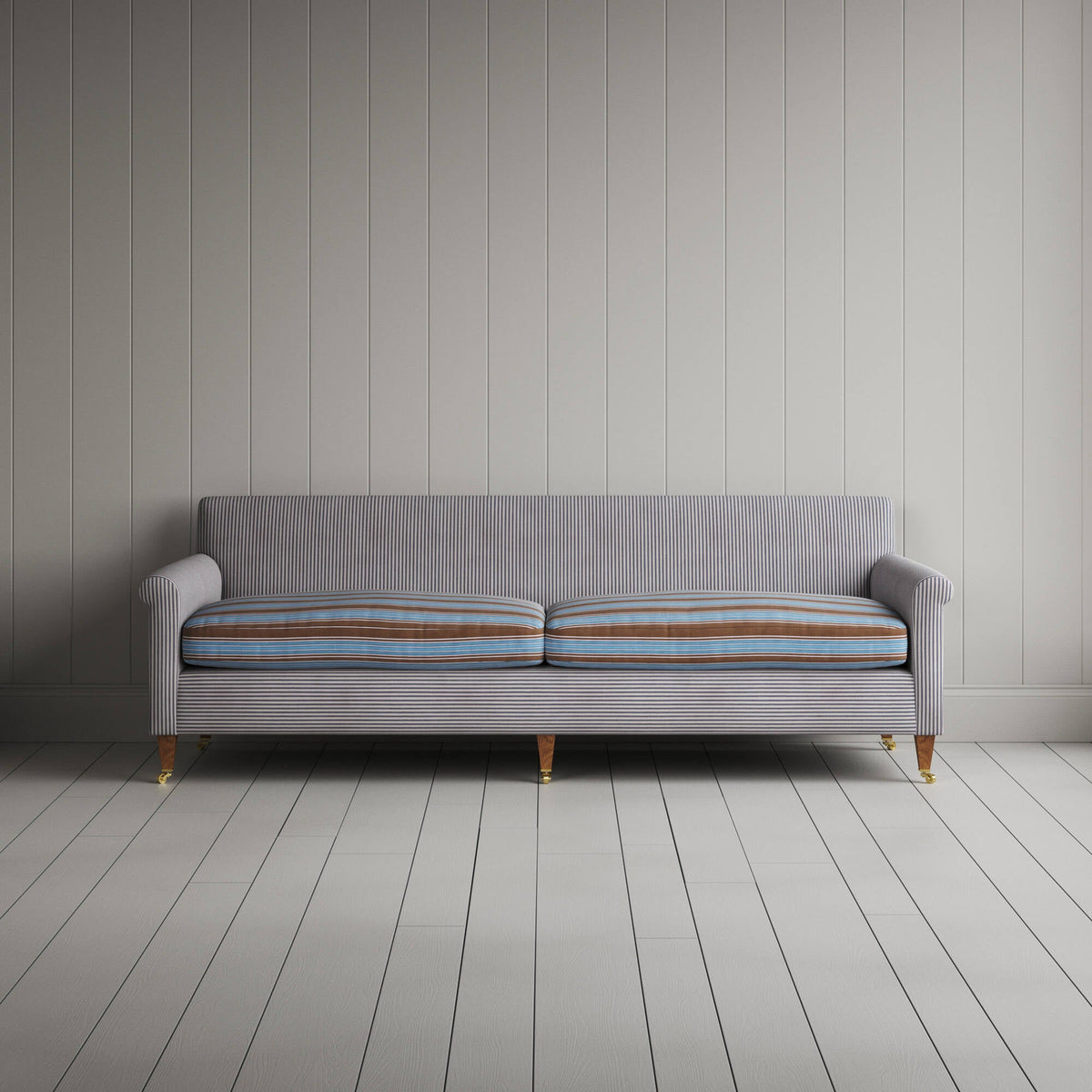 Idler 4 Seater Sofa in Ticking Blue Brown Frame and Regatta Blue Seat