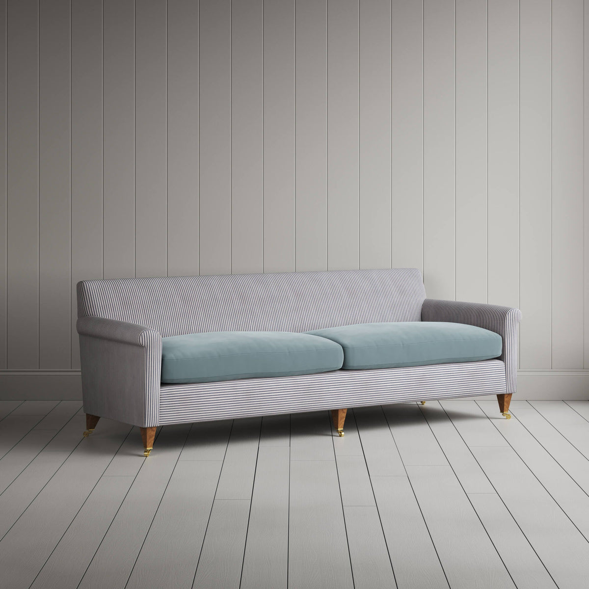 Idler 4 Seater Sofa in Ticking Blue Brown Frame and Intelligent Velvet Mineral Seat