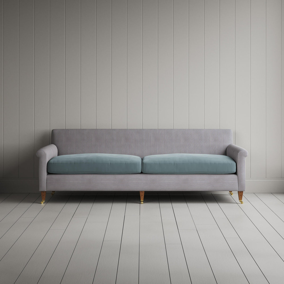 Idler 4 Seater Sofa in Ticking Blue Brown Frame and Intelligent Velvet Mineral Seat