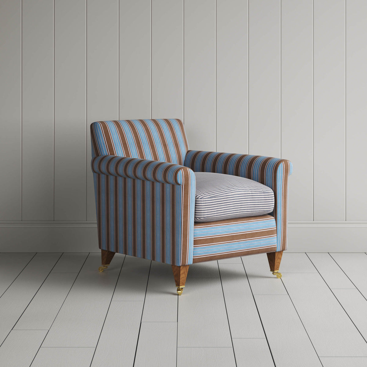 Idler Armchair in Regatta Blue Frame and Ticking Blue Brown Seat