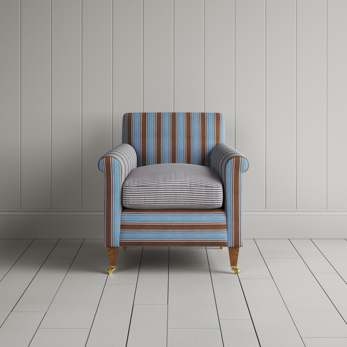 Idler Armchair in Regatta Blue Frame and Ticking Blue Brown Seat