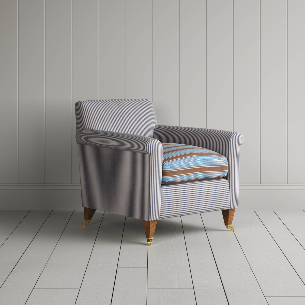 Idler Armchair in Ticking Blue Brown Frame and Regatta Blue Seat