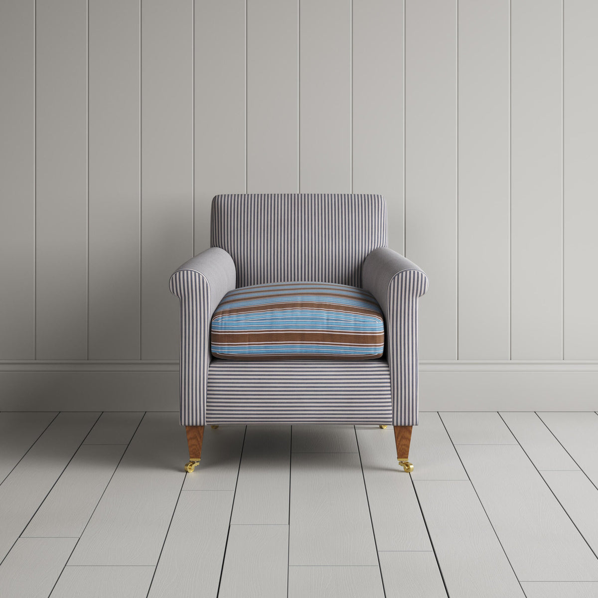 Idler Armchair in Ticking Blue Brown Frame and Regatta Blue Seat