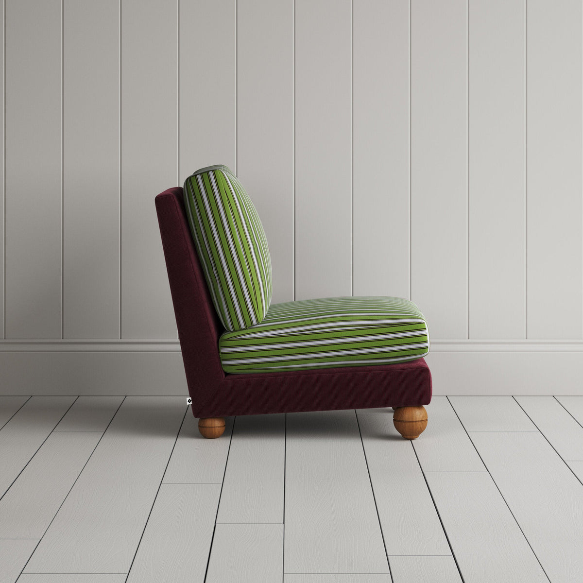 Perch Slipper Armchair in Classic Corduroy Cherry Frame and Colonnade Seat