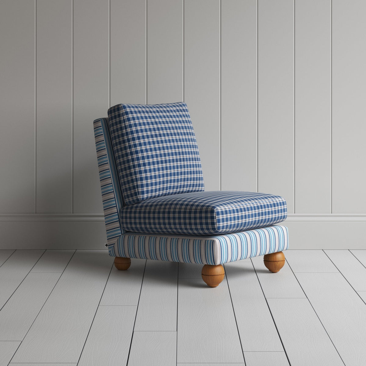 Perch Slipper Armchair in Slow Lane Blue Frame and Well Plaid Seat