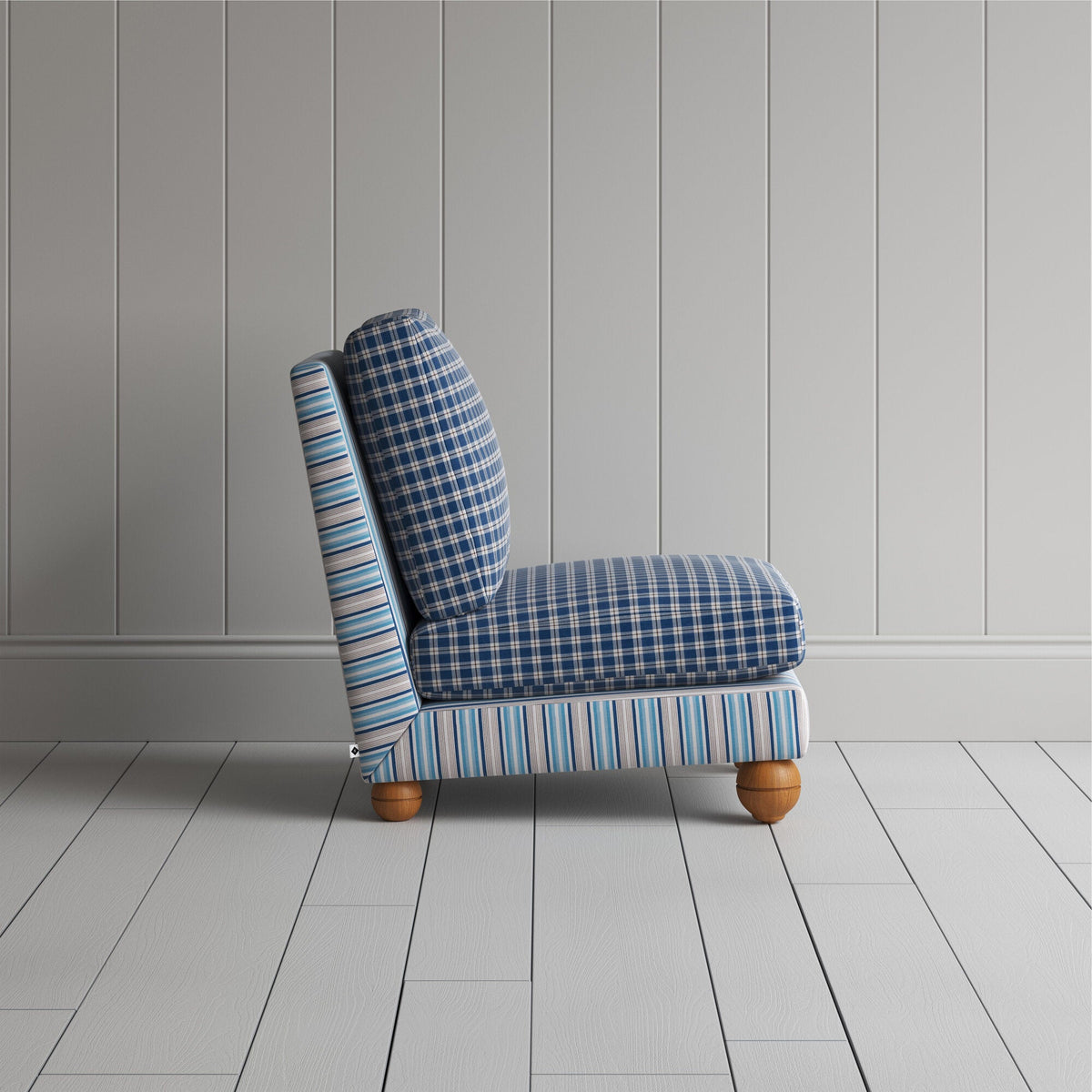 Perch Slipper Armchair in Slow Lane Blue Frame and Well Plaid Seat