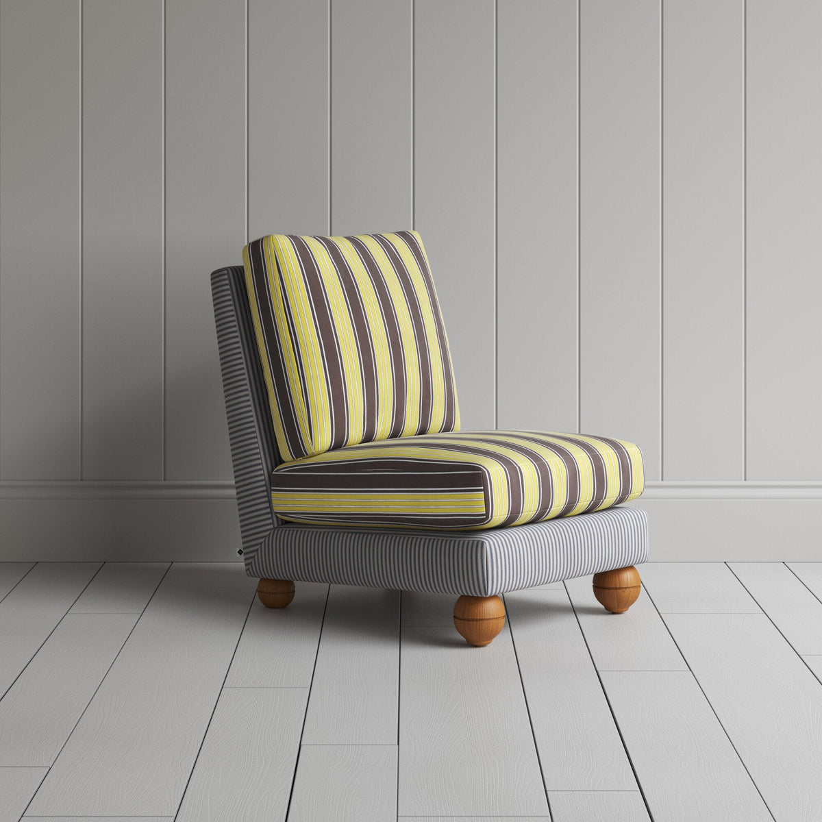 Perch Slipper Armchair in Ticking Blue Brown Frame and Regatta Custard Seat