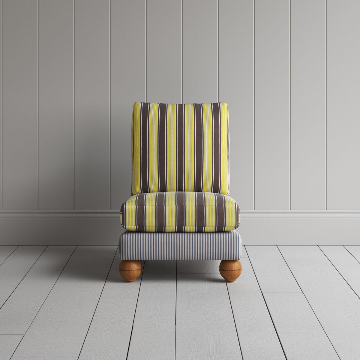 Perch Slipper Armchair in Ticking Blue Brown Frame and Regatta Custard Seat