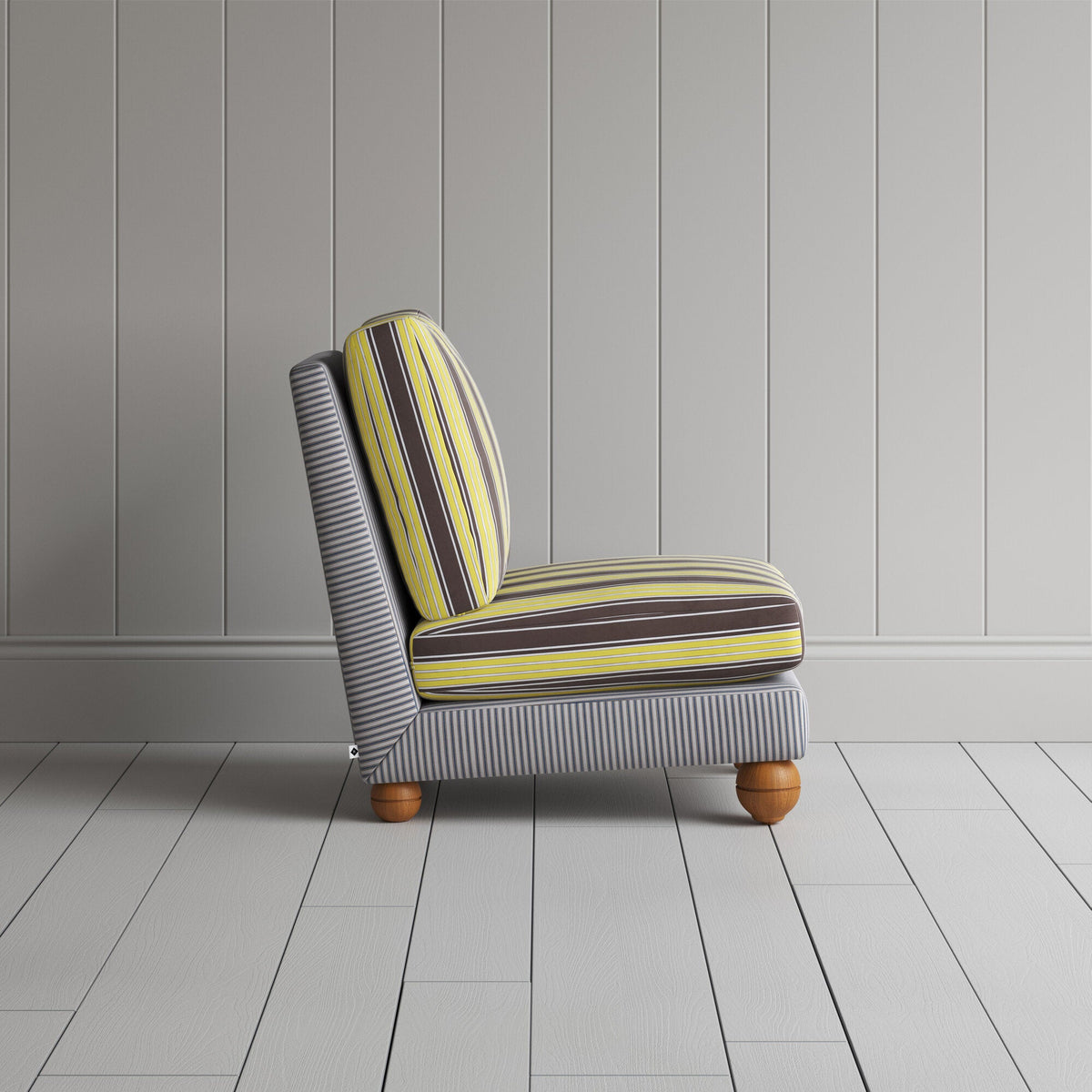 Perch Slipper Armchair in Ticking Blue Brown Frame and Regatta Custard Seat