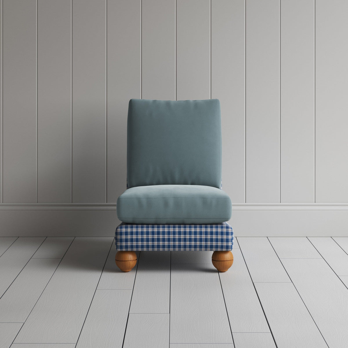 Perch Slipper Armchair in Well Plaid Frame and Intelligent Velvet Mineral Seat