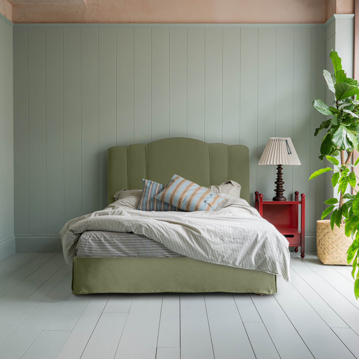 Cloud Nine Upholstered Bed in Intelligent Velvet Green Tea with Kick Pleat Valance