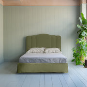 Cloud Nine Upholstered Bed in Intelligent Velvet Green Tea with Kick Pleat Valance