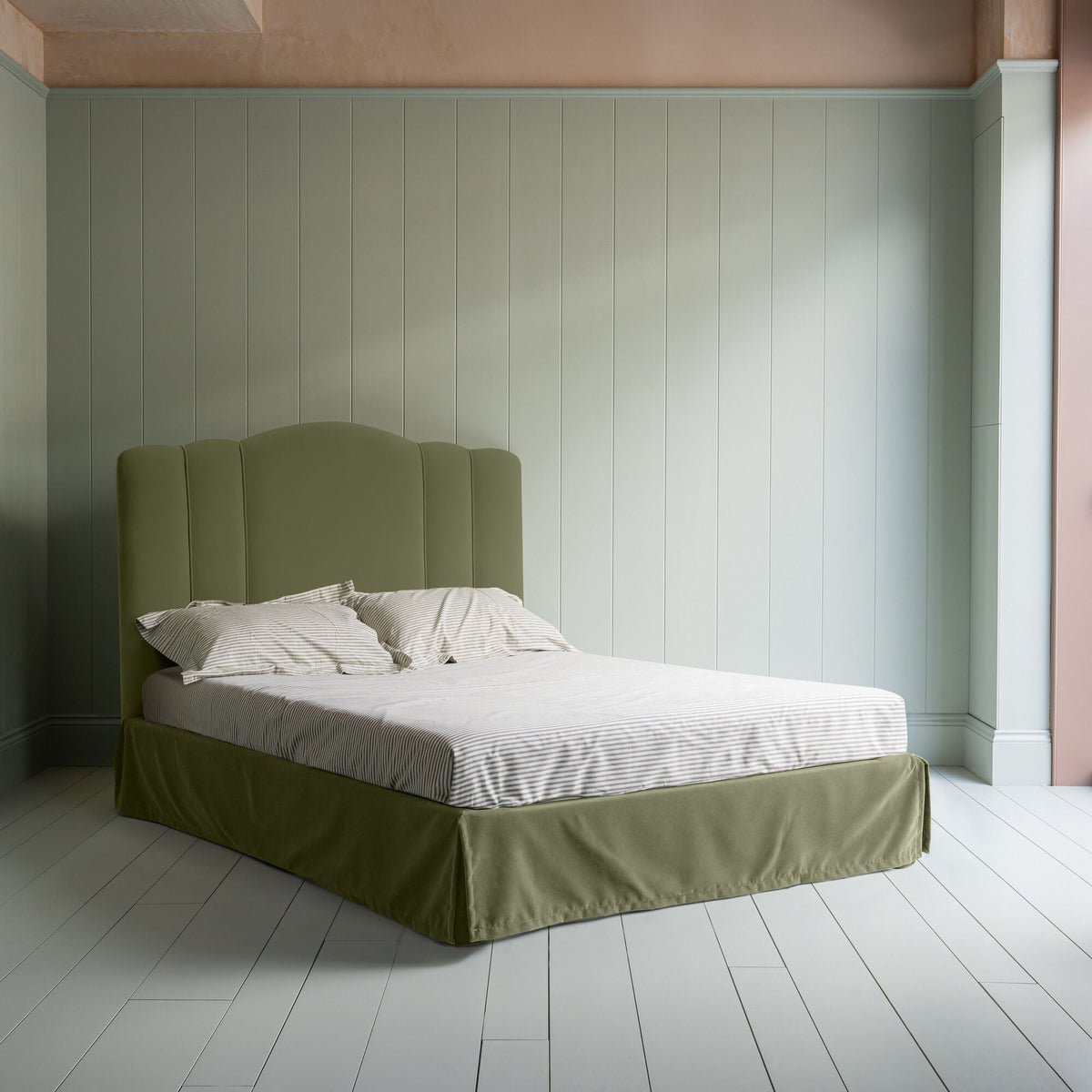 Cloud Nine Upholstered Bed in Intelligent Velvet Green Tea with Kick Pleat Valance