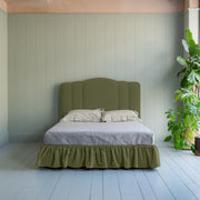 Cloud Nine Upholstered Bed in Intelligent Velvet Green Tea with Ruffled Valance