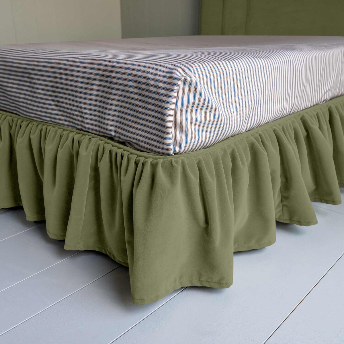 Cloud Nine Upholstered Bed in Intelligent Velvet Green Tea with Ruffled Valance