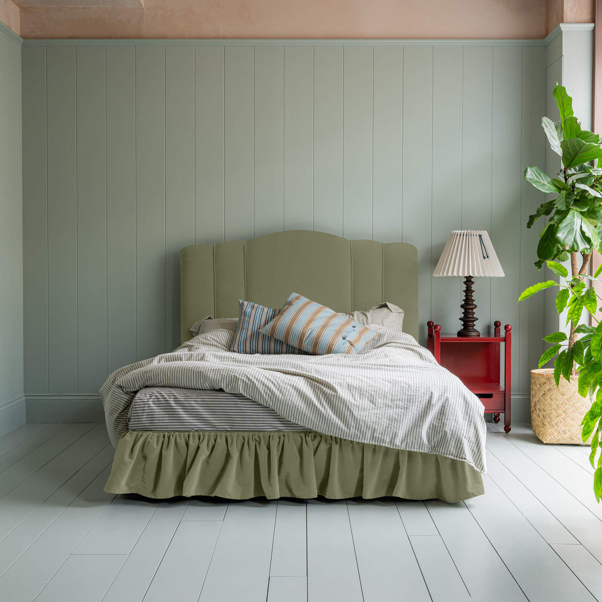 Cloud Nine Upholstered Bed in Intelligent Velvet Green Tea with Ruffled Valance
