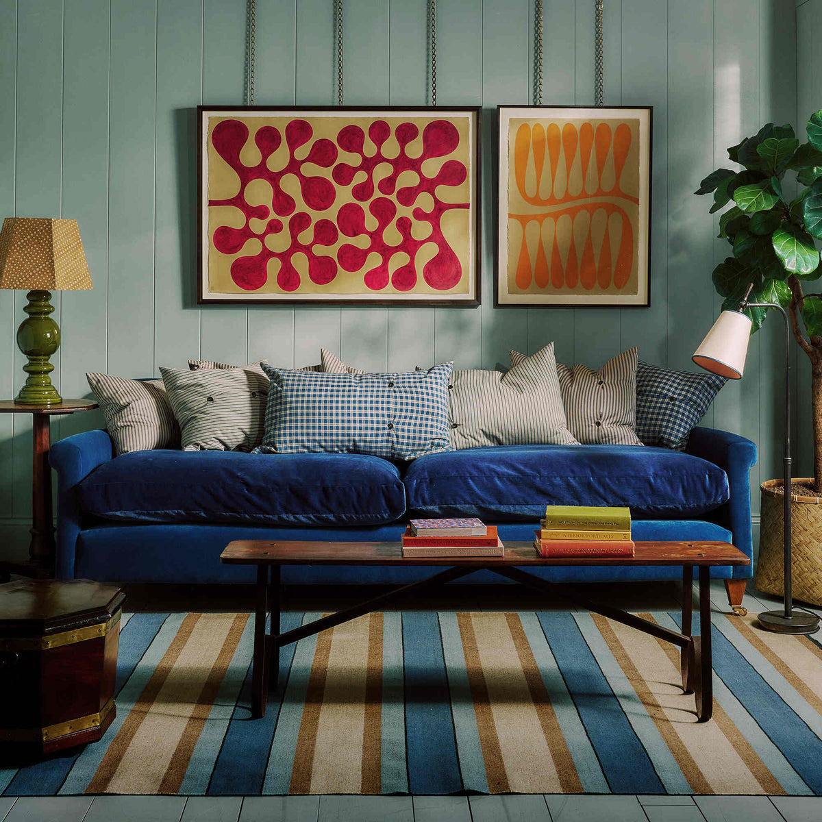 Idler 4 Seater Sofa in Ticking Blue Brown Frame and Intelligent Velvet Mineral Seat
