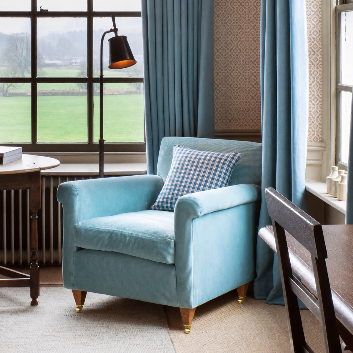 Idler Armchair in Regatta Blue Frame and Ticking Blue Brown Seat
