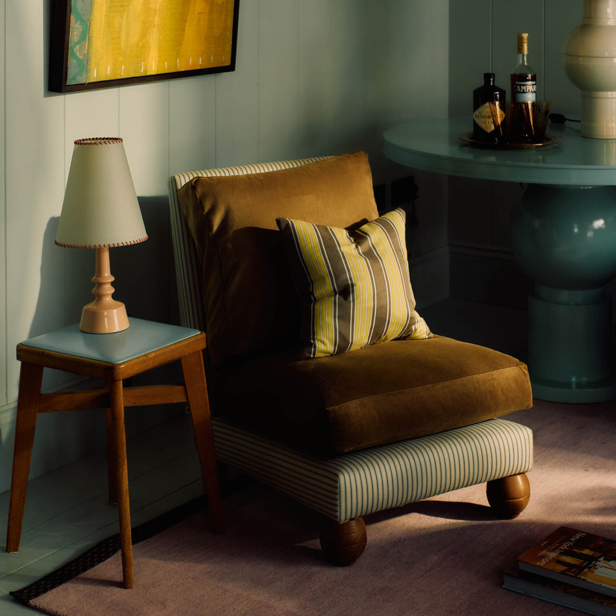 Perch Slipper Armchair in Well Plaid Frame and Intelligent Velvet Mineral Seat