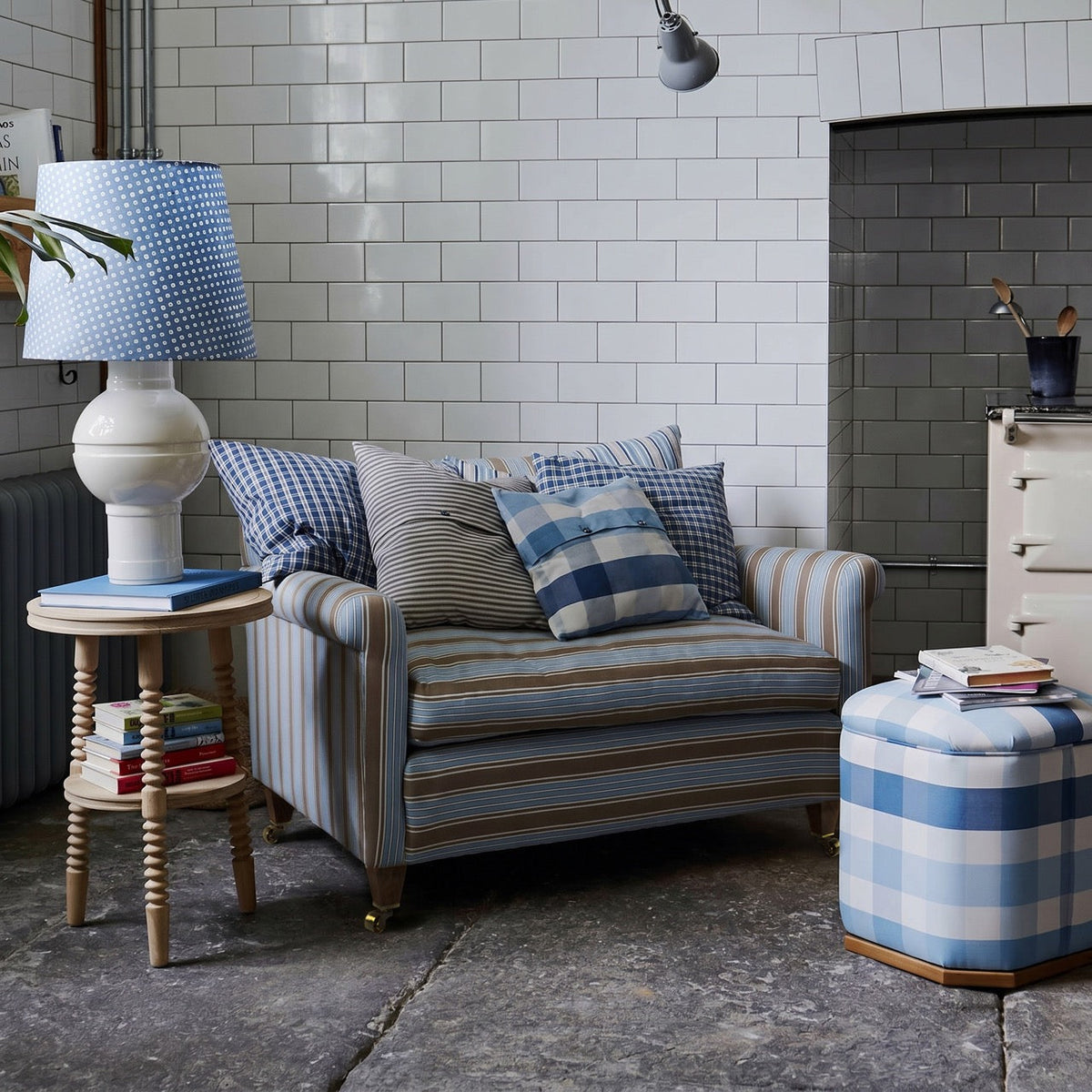Idler Love Seat in Ticking Blue Brown Frame and Regatta Blue Seat