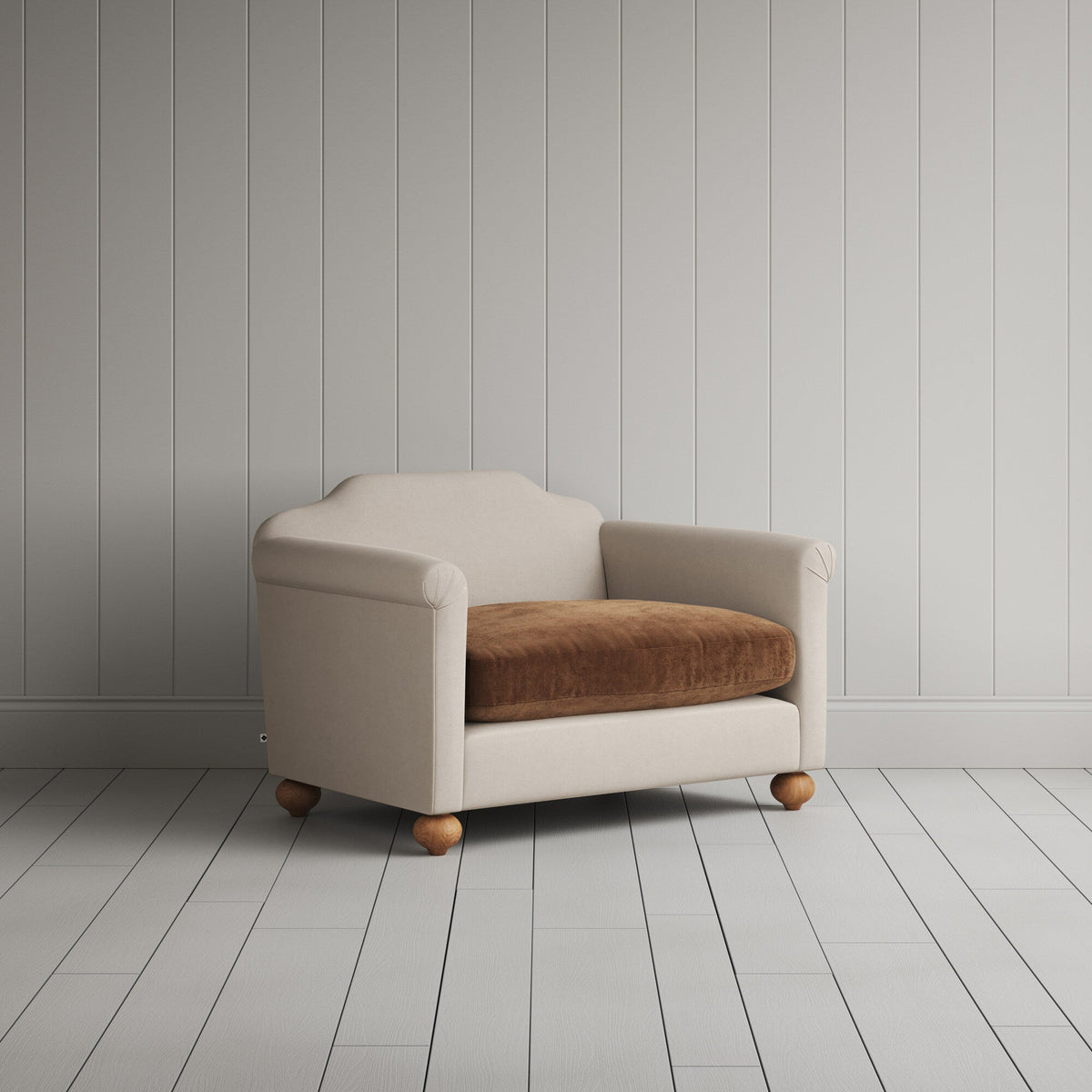 Dolittle Love Seat in Laidback Linen Dove Frame and Classic Corduroy Tobacco Seat