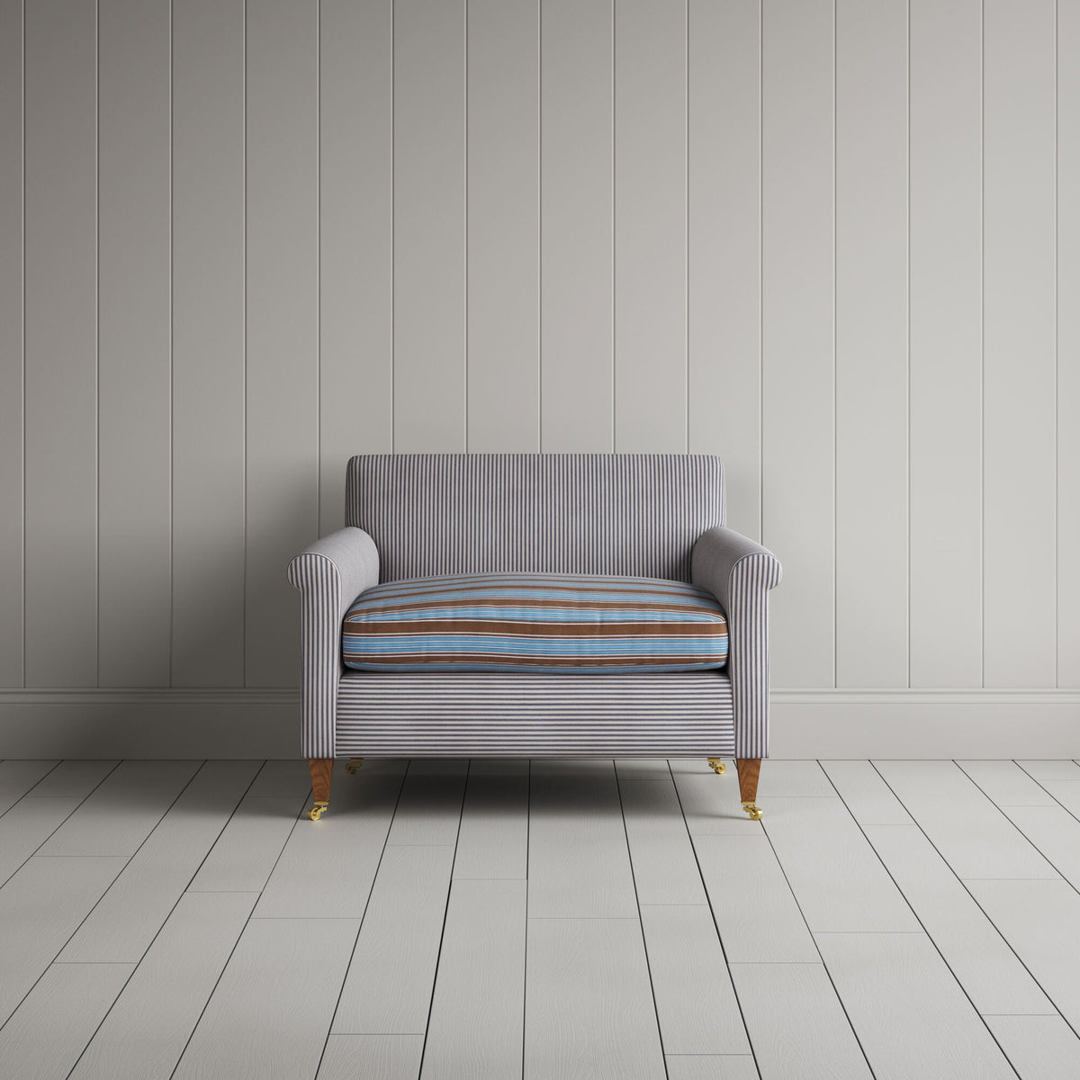 Idler Love Seat in Ticking Blue Brown Frame and Regatta Blue Seat