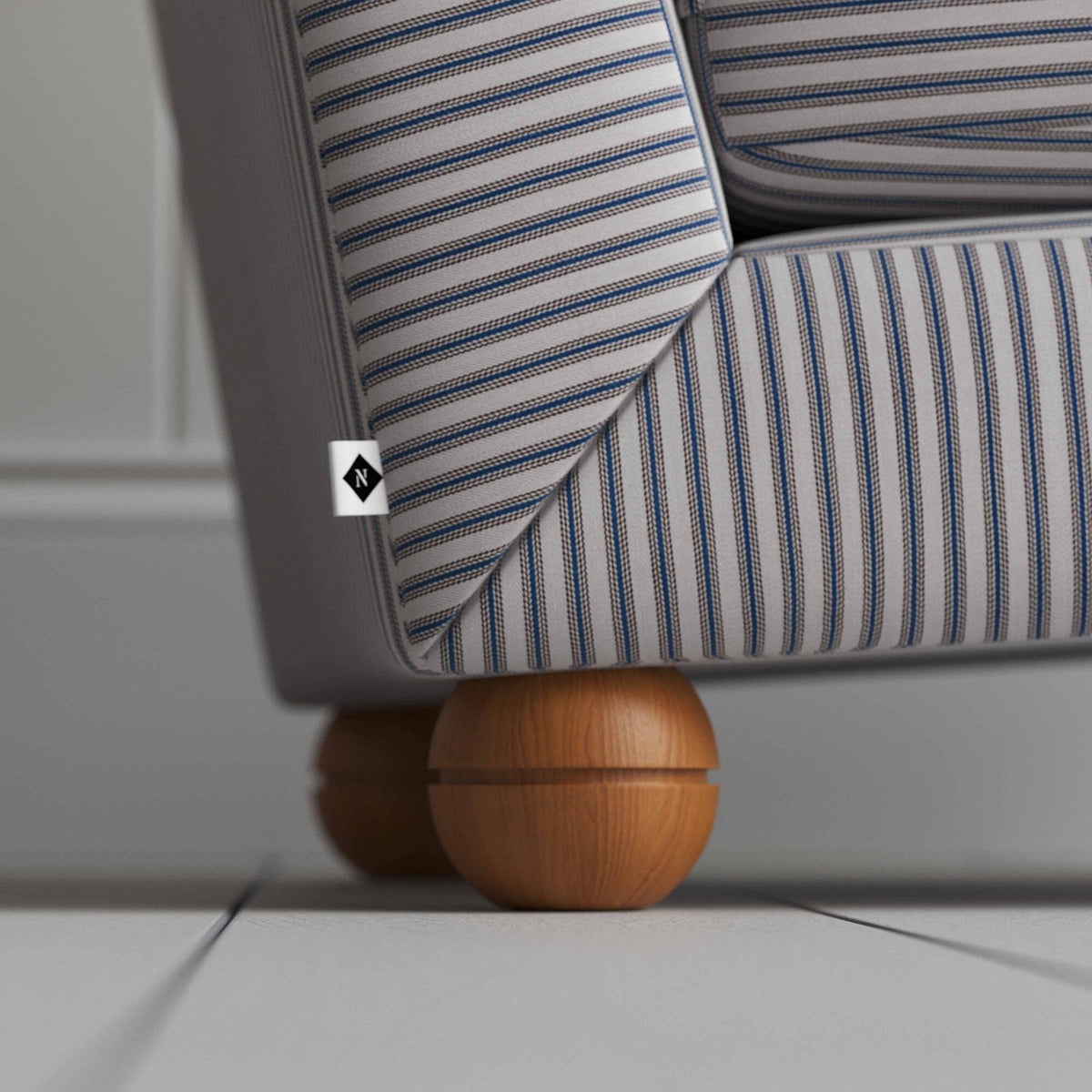 Perch Slipper Armchair in Ticking Blue Brown Frame and Regatta Custard Seat