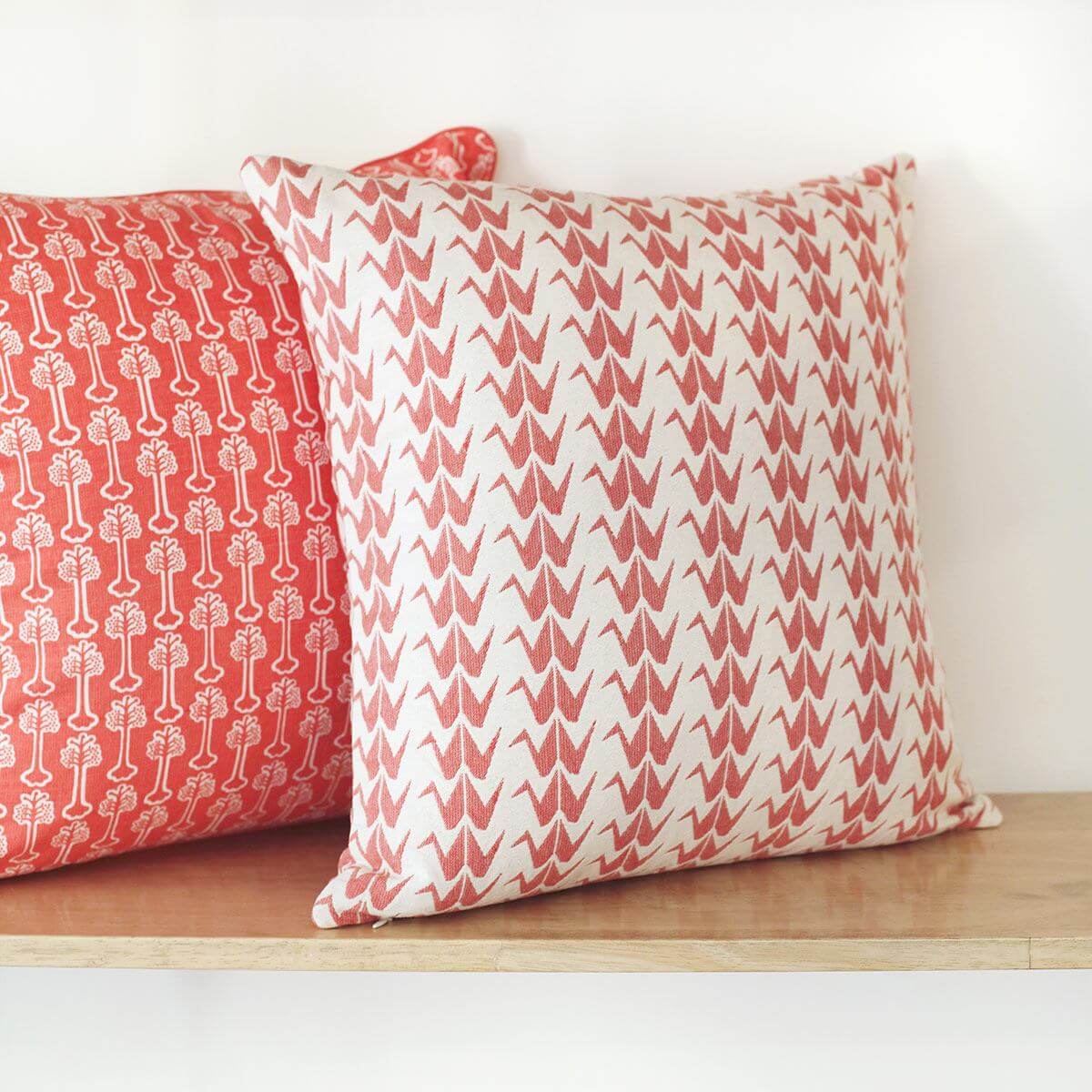 Coral Crane Woven Cushion Cover